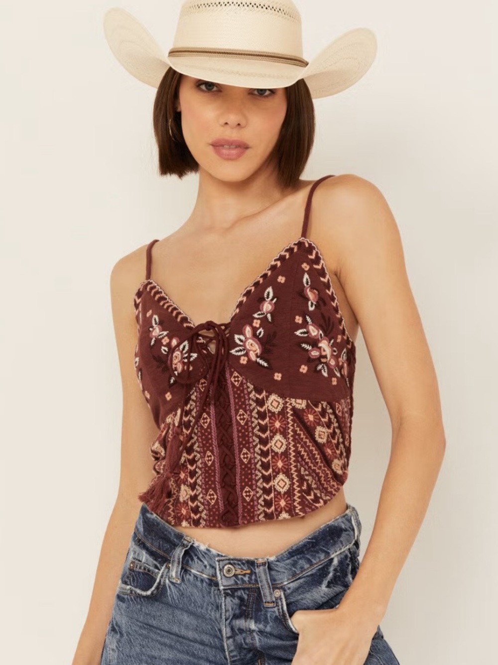 Shyanne XXL Brown Lace Front Embroidered Corset Top Western Cropped Adjustable